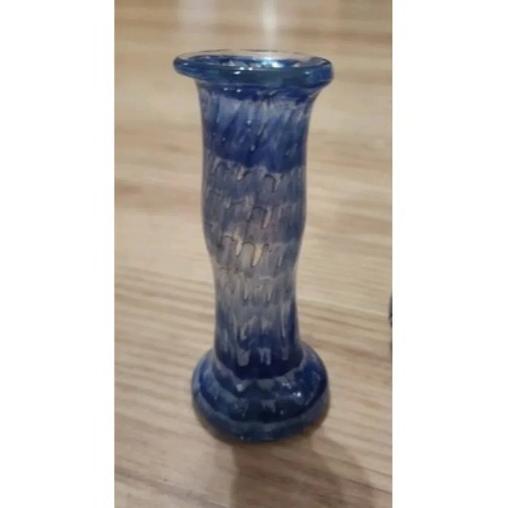 Blue Hand Blown Glass Bud Vase Set 2 Piece Swirl Art Glass Decorative Vessels